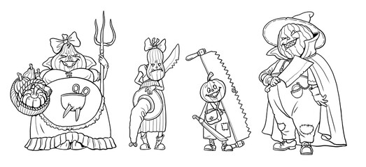 Funny pumpkins family. Halloween coloring pages.