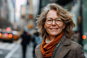 Fototapeta premium Joyful Middle-Aged Woman in Urban Morning 