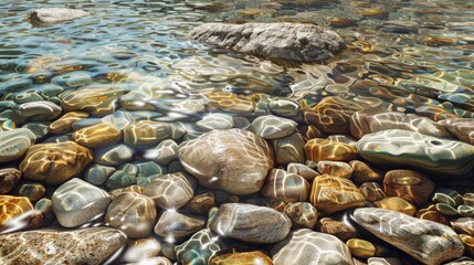 Fototapeta premium A serene mountain stream with clear water flowing over smooth stones