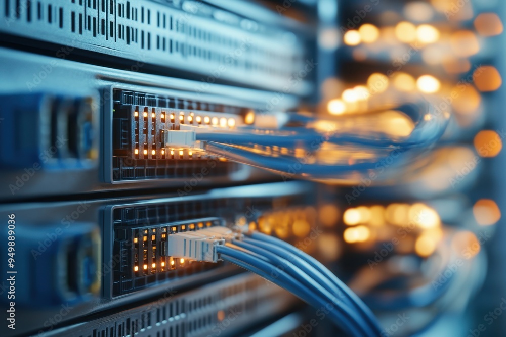 Poster telecommunication ethernet cables connected to internet switch in data center