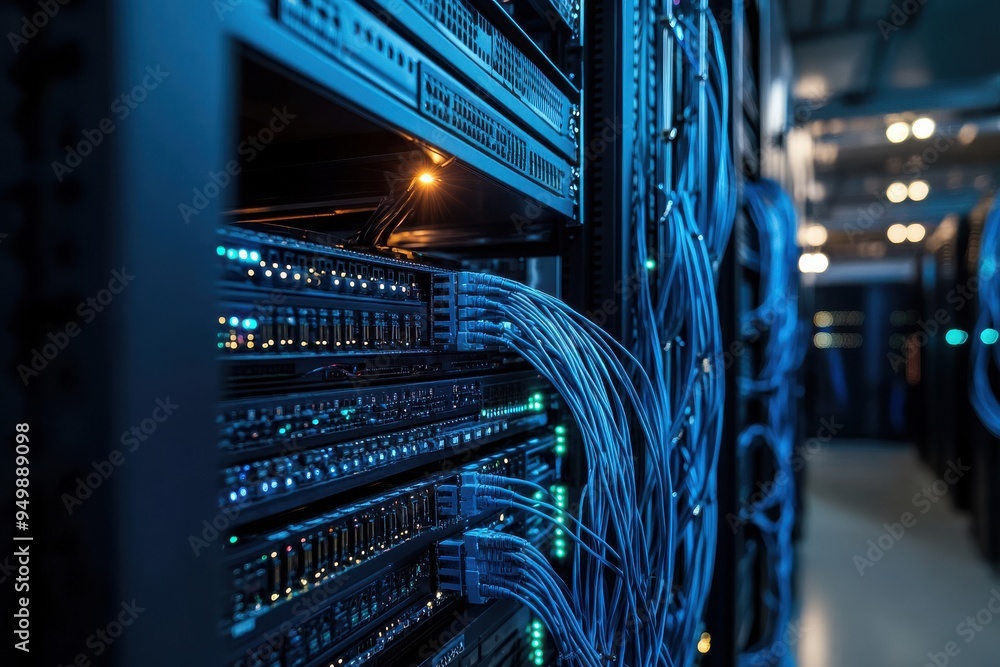 Poster telecommunication ethernet cables connected to internet switch in data center
