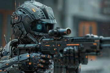 A futuristic robot, illuminated by city lights, stands in the rain, showcasing its intricate design against the stormy backdrop, A high-tech soldier equipped with advanced weaponry and armor