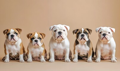 Fototapeta premium Diverse Group of English Bulldog Puppies Posing Together in a Magazine Style Studio Shoot with Pistachio Background