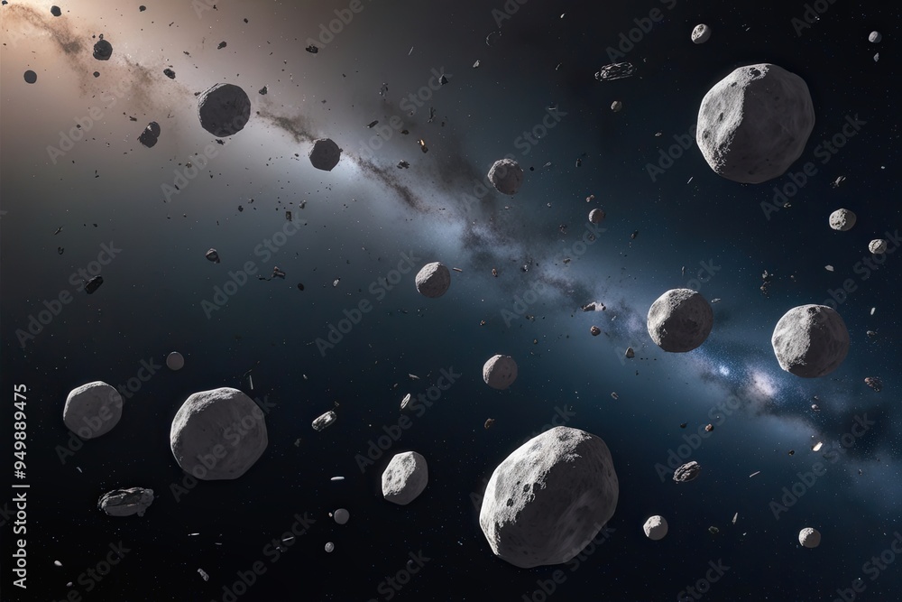 Poster space debris swarm of meteor fragments and asteroids moving through the universe