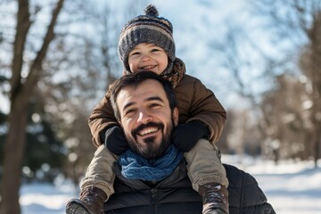 man carrying his son on shoulders in the winter forest