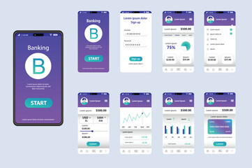 Banking app concept in flat design. This image shows the interface of the banking application with multiple screens, such as the login page and the user dashboard. Vector Illustration.