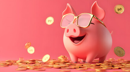 Pink Pig with sunglasses and coins around him isolated pink background, financial 3d illustration for saving money and making profit at the bank