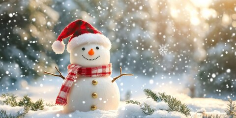 Happy snowman standing in snowy forest during christmas season
