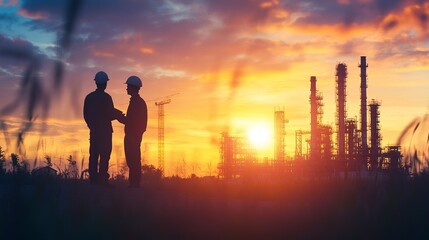 Fototapeta premium Silhouette of Engineer and worker checking project at construction site, building site with blurred sunset sky in evening time background.generative ai
