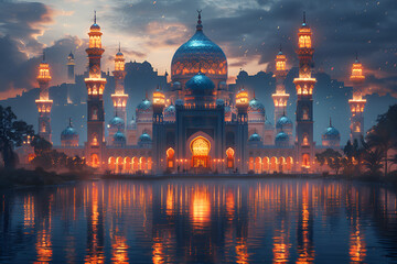  beautiful landscape of a mosque at night. The mosque is located in the middle of a body of water, with a mountain in the background. 