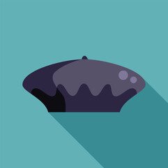 French artist beret hat lying with long shadow, simple cartoon vector illustration on turquoise background