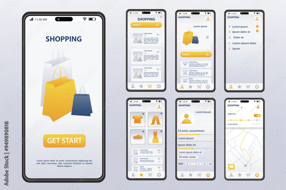 Poster online store app concept in flat design. an elegant shopping app design that displays different scre