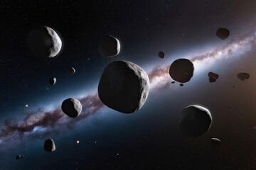 Naklejka premium Asteroids in Orbit A Swarm of Floating Celestial Rocks in Space