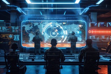 Obraz premium A holographic command center coordinating military operations, AI generated