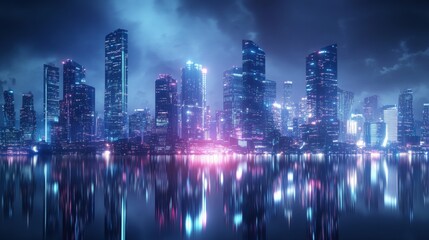 City skyline at night, showcasing modern architecture and advanced lighting technology. Ideal for technology-themed presentations or futuristic visuals.