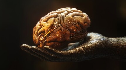 Conceptual representation of intelligence and the future of neuroscience: a human hand holds a brain, symbolizing the connection between technology and the human mind.