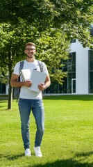 A young male student smiles at the camera, holding a notebook in one hand while standing outside a university building, with fellow students blurred in the background