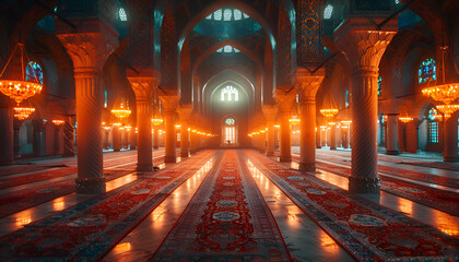 Obraz premium interior of a mosque. The floor is covered with red and white carpets, and the walls are decorated with intricate patterns and designs. 