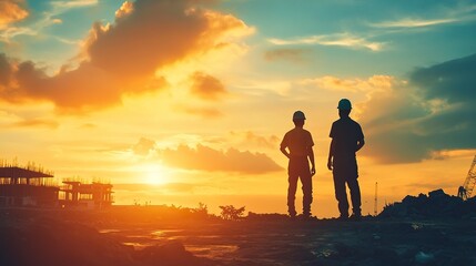 Fototapeta premium Silhouette of Engineer and worker checking project at construction site, building site with blurred sunset sky in evening time background.generative ai