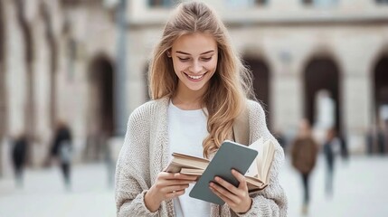 Fototapeta premium A young woman stands on a university campus, smiling while holding a smartphone and books, with headphones on, surrounded by fellow students in a lively atmosphere