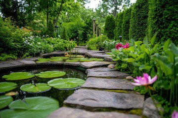 This picturesque garden features a stone pathway running alongside a lily pond, with vibrant greenery, colorful flowerbeds, and manicured hedges arranged in a harmonious design.