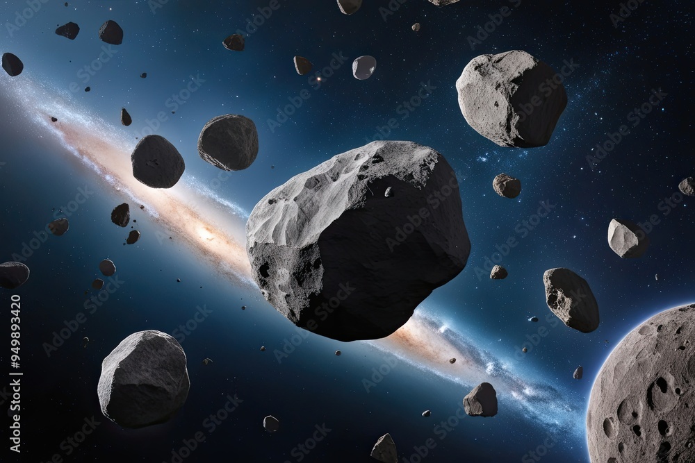 Poster celestial meteorite swarm of cosmic rocks and fragments floating in the universe