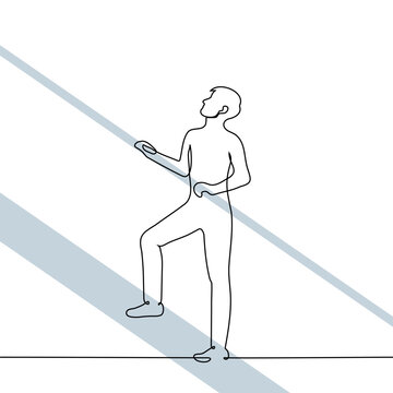recommend clip art: man standing on stairs holding railing with both hands and looking up throwing head back - one line art vector. concept going up on escalator, career growth