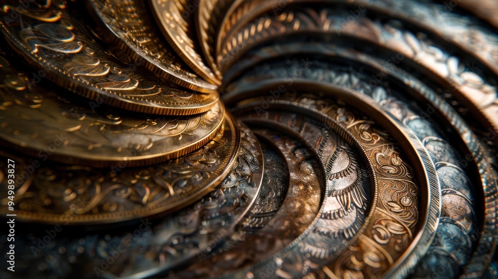 Poster a close-up of metallic coins arranged in a spiral, with soft lighting creating reflections that high