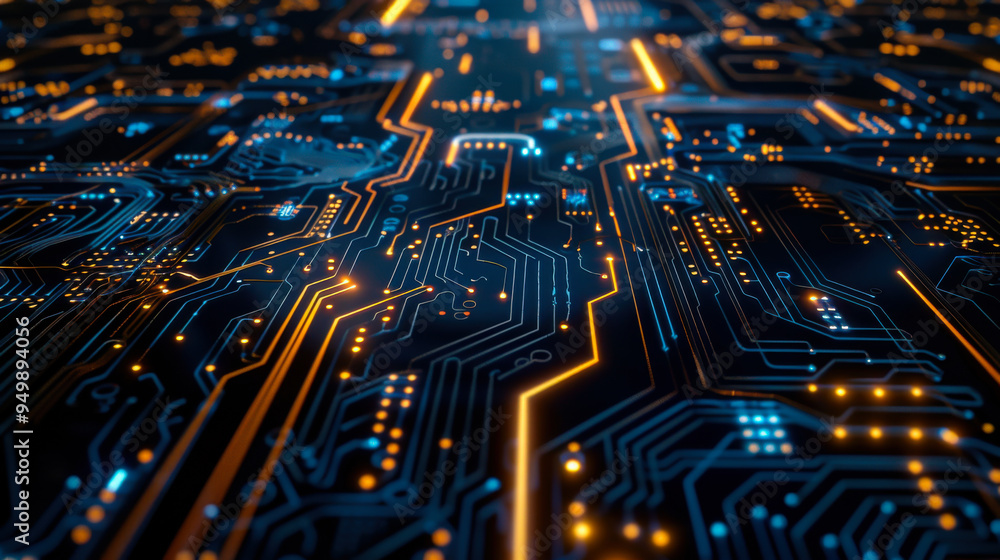 Fototapete Detailed circuitry pattern with glowing lines on a dark background illustrating modern technology concepts