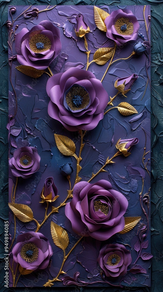 Wall mural Purple frame with golden floral decoration, on a purple background, paper roses and leaves, with a gold border, purple background