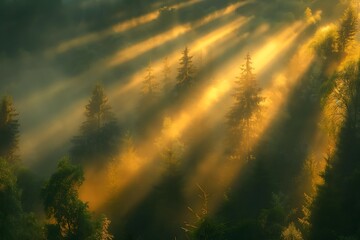 Naklejka premium Enchanted Sunrise: Sunlight Streaming Through Misty Forest Trees