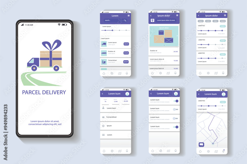 Poster delivery app concept in flat design. parcel delivery mobile application interface with package illus