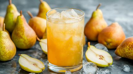 chilled glass of pear juice with ice, surrounded by whole and sliced pears