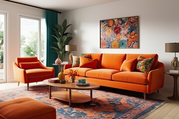 Bright Orange Sofa and Lively Decor in Sunlit Living Room 3D Visualization