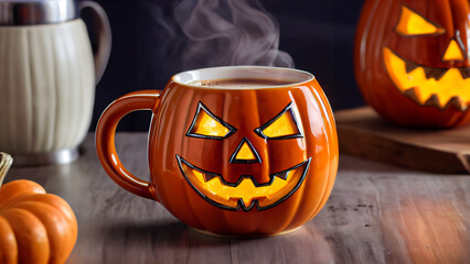 Святкова Хелловінська Керамічна Чашка у Формі Гарбузового Ліхтаря з Вирізаними Очима, Носом та Зубастим Ротом, Оранжевий Тон з Чорними Деталями, Наповнена Гарячим Напоєм з Парою, Вершками, Посипаними 