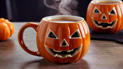 Святкова Хелловінська Керамічна Чашка у Формі Гарбузового Ліхтаря з Вирізаними Очима, Носом та Зубастим Ротом, Оранжевий Тон з Чорними Деталями, Наповнена Гарячим Напоєм з Парою, Вершками, Посипаними 
