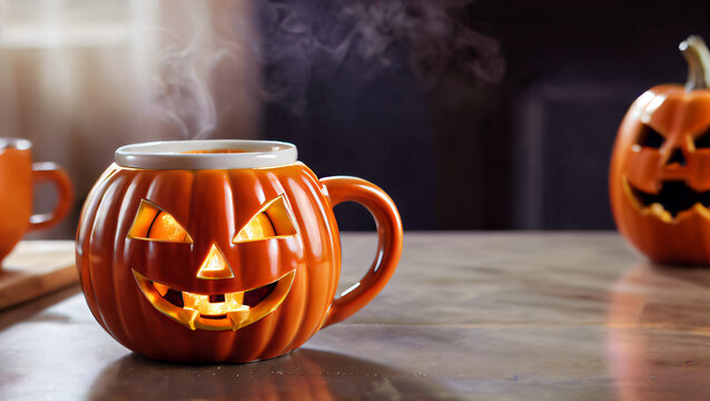 Святкова Хелловінська Керамічна Чашка у Формі Гарбузового Ліхтаря з Вирізаними Очима, Носом та Зубастим Ротом, Оранжевий Тон з Чорними Деталями, Наповнена Гарячим Напоєм з Парою, Вершками, Посипаними 