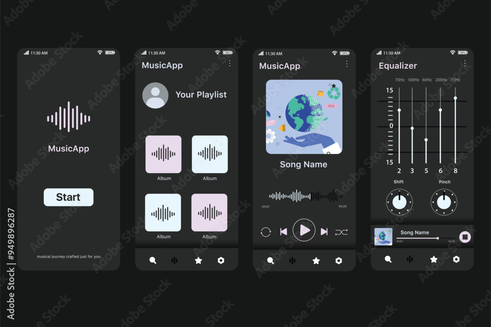 Poster music app concept in flat design. musicapp's interactive mobile interface with features like playlis