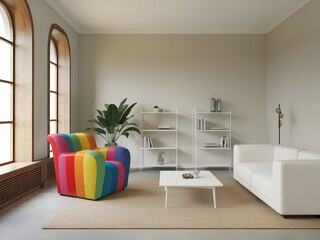 A photo of a minimalist interior design of a modern living room with a vibrant colorful multicolored armchair.