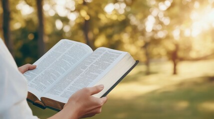 Soft light highlights a woman's hands as she reads an open Bible in a church, creating a serene atmosphere during a Christian celebration focused on spirituality.