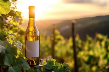 Fototapeta premium White wine bottle mock up on on top of an old barrel, rows of barrels inside a winery