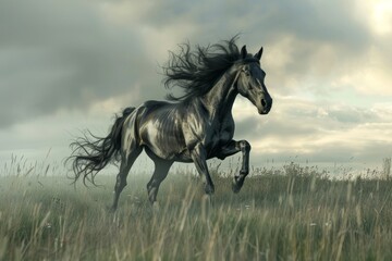 Obraz premium The artwork features a horse in full stride, racing through a verdant field, embodying energy and the spirit of the wild, A majestic horse galloping across a meadow, AI generated