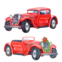 Watercolor set of retro car and retro cabriolet