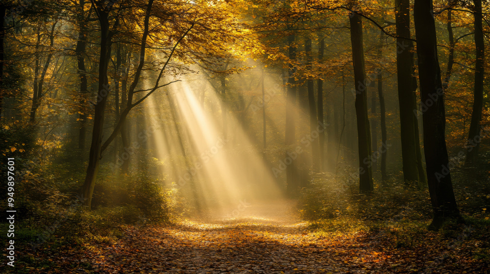 Poster sunlight filters through autumn trees on a peaceful forest path in the morning, creating a serene an