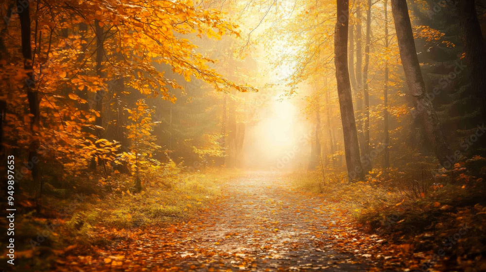 Poster sunlight filters through autumn trees on a peaceful forest path in the morning, creating a serene an