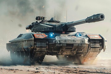 A tank maneuvers through the arid desert terrain, highlighting its strength and capability in challenging environments, A massive, AI-controlled tank rolling into battle, AI generated