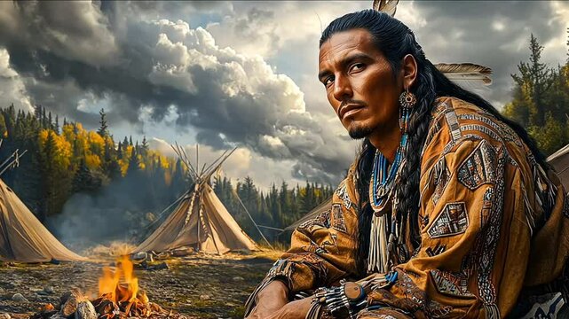 a native American man sitting near a fire in a village