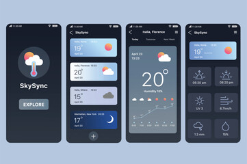 Weather app concept in flat design. SkySync user interface design, displaying weather data for different cities, including temperature and humidity functions. Vector Illustration.