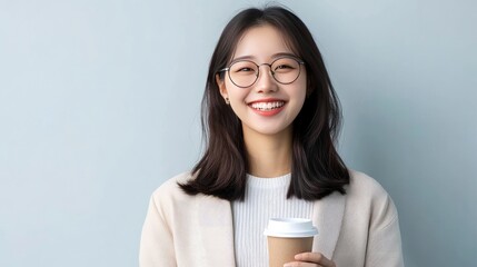 A happy Chinese woman with glasses holding a coffee cup. Work-life balance, relaxation, office life.