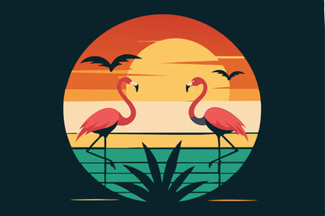Vintage Sun with 2 Loving Flamingo Birds Logo - Vector Clipart & Graphics for T-Shirt Design 